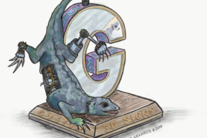 drawing of a lizard climbing on a large G